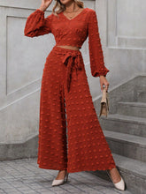 Women'S Two-Piece Cropped Lantern Sleeve Top And Wide-Leg Pants Set